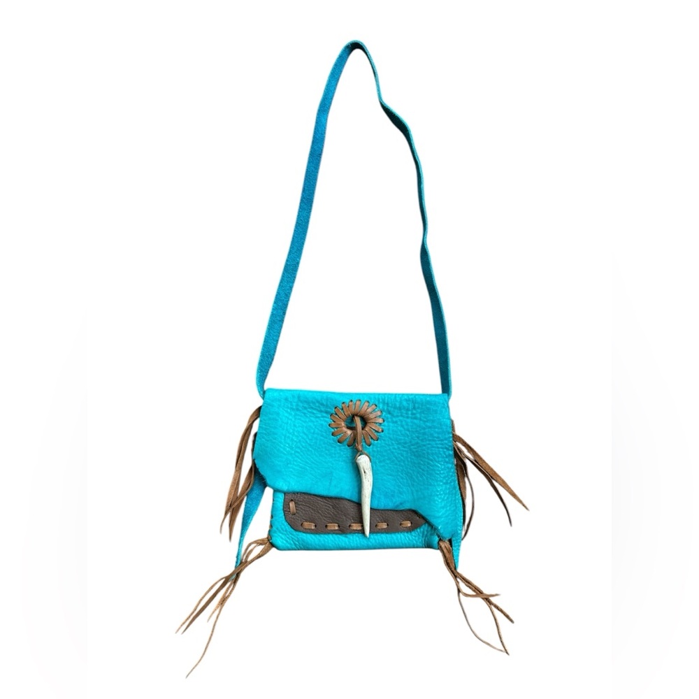 Jimmi WZ Leather Bag Purse Turquoise/Teal/Brown Crossbody BoHo Handmade - Picture 2 of 11